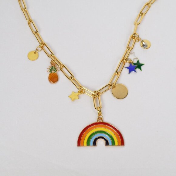 new! charm necklace paperclip link chain with enamel charms rainbow stars - Picture 3 of 5